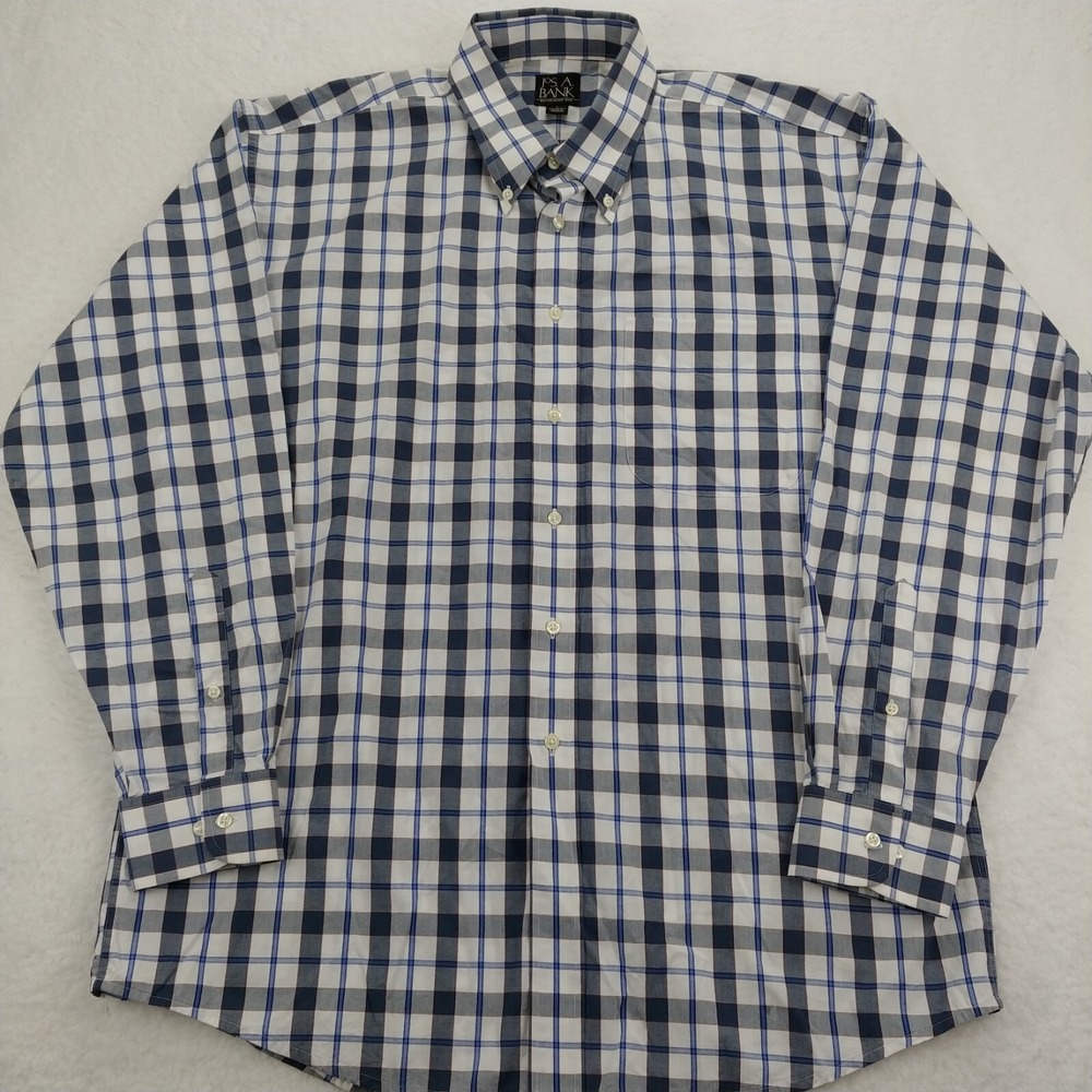 Jos A Bank Traveler‎ Button Up Shirt Men Large White and Blue Plaid Long Sleeve